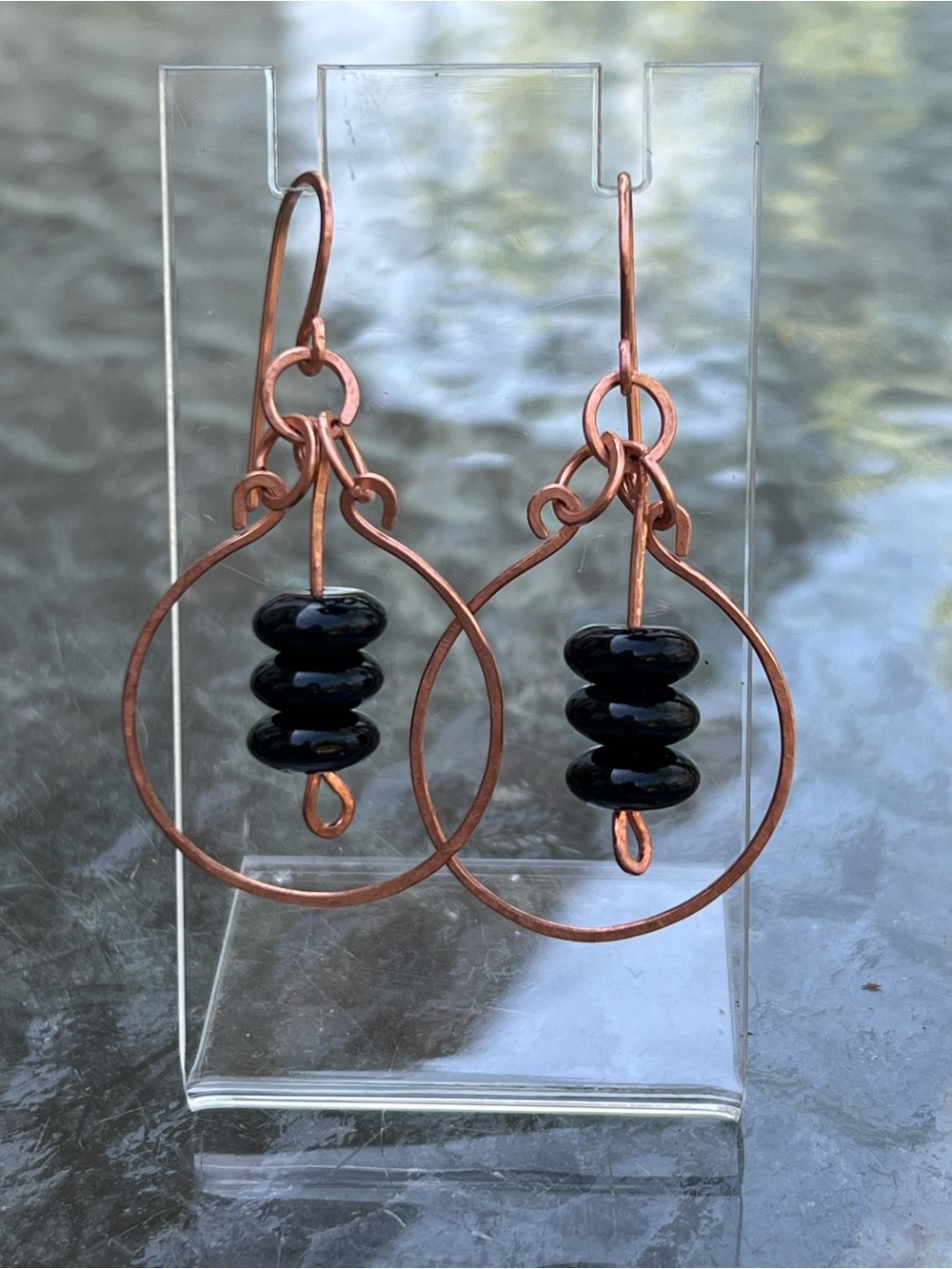 Artisan Copper Hoop Earrings with Black Bead Stack